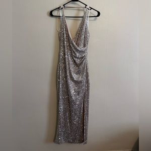 Baltic Born champagne sequin slit leg dress medium midi